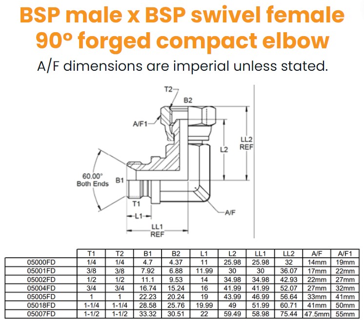 1/4 BSP x 1/4 BSP M/F 90° Forged Elbow Hydraulic Adaptor